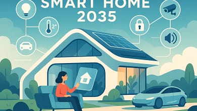 Illustrazione di una casa intelligente futuristica del 2035 con pannelli solari e tecnologie smart